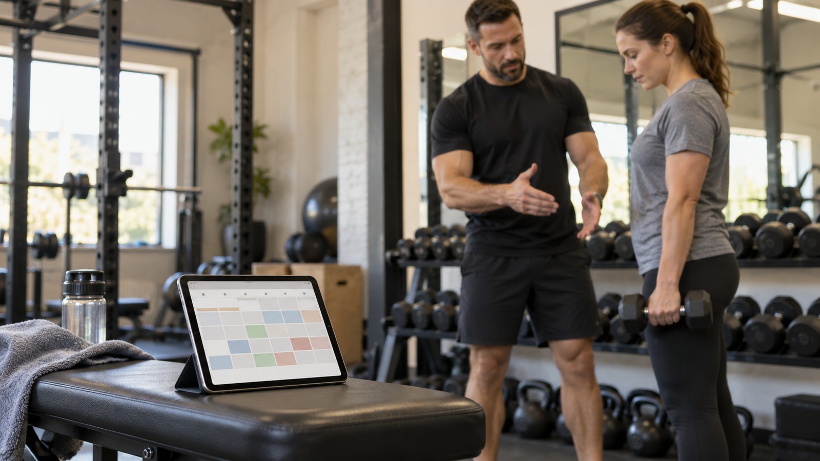 An illustrative digital workout schedule and a trainer discussing an exercise with a beginner