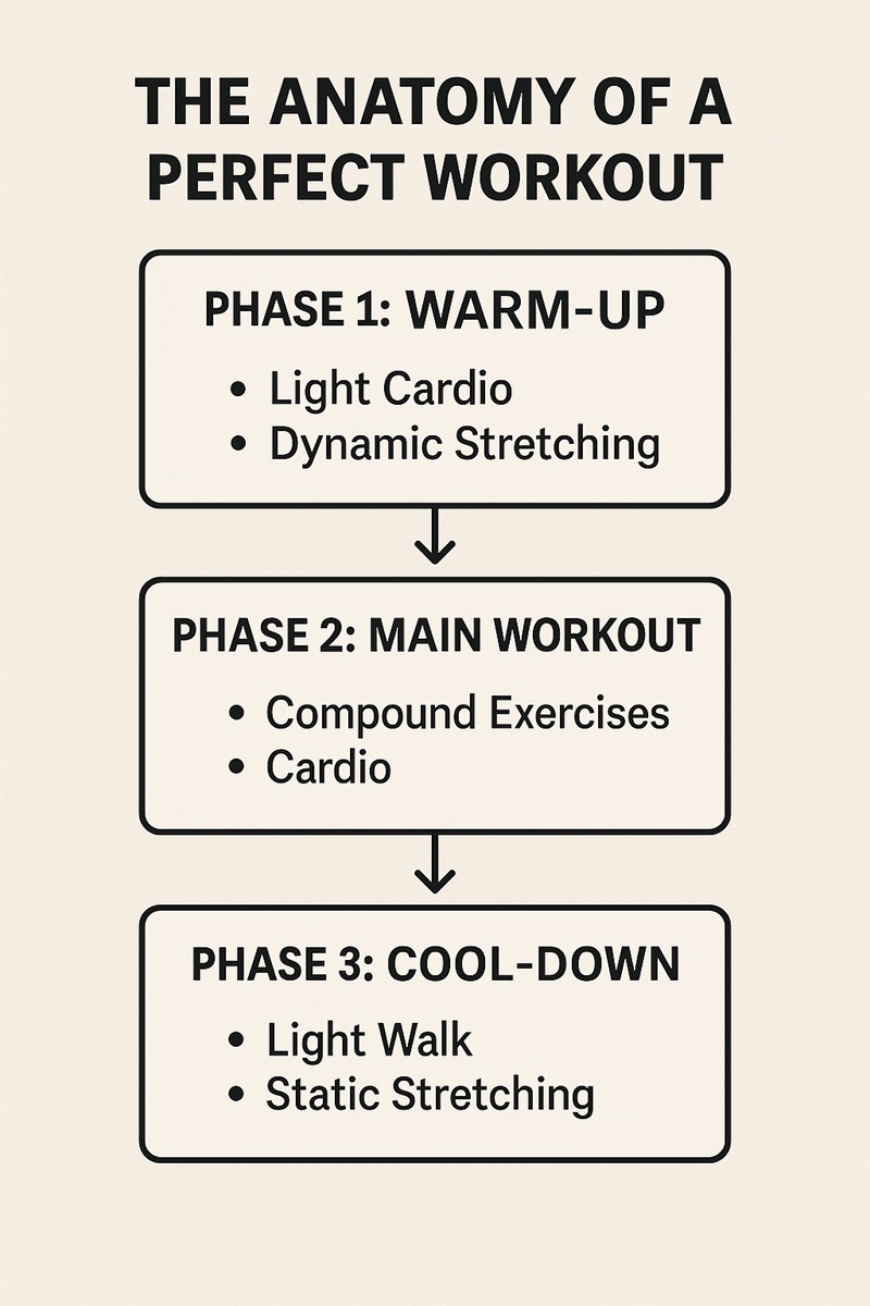 A diagram outlining the three essential phases of a workout in a personal training plan: the warm-up, the main workout, and the cool-down.