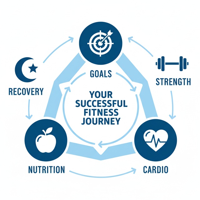 An infographic showing the five core pillars of a successful personal training plan for beginners: Goals, Strength, Cardio, Nutrition, and Recovery.