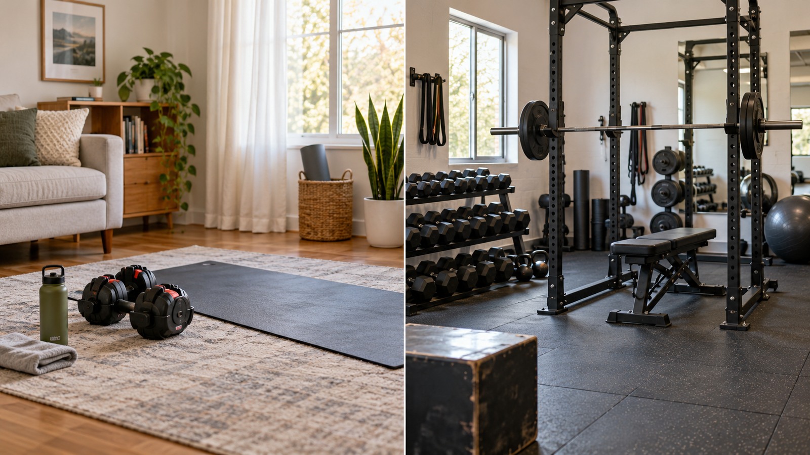 A home workout space beside a gym with resistance-training equipment